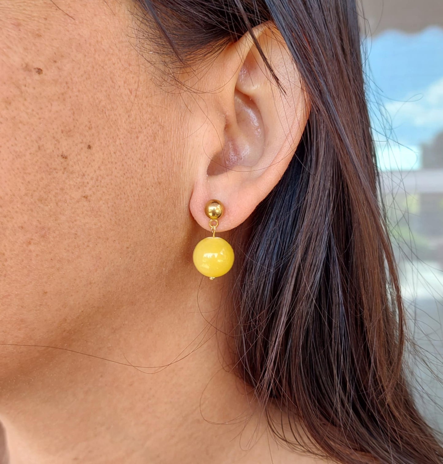 Natural Yellow Jade Dangle Earrings in Gold Plated Stainless Steel