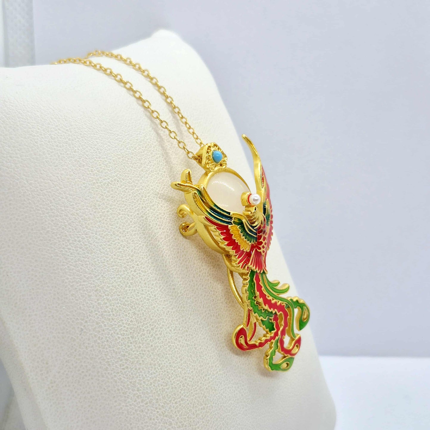 Natural Hetian Jade Pendant and Brooch Silver Plated Phoenix with Chain Necklace