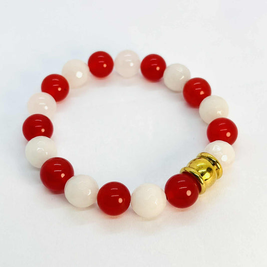 Natural White Quartz and Red Chalcedony Bracelet in 10mm Stones
