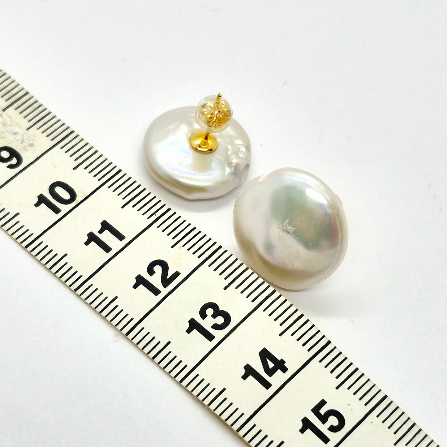Natural 15mm Button Pearl Stud Earrings in Sterling Silver