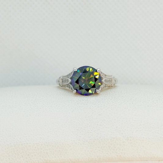 3ct Dark Green Moissanite Diamond Ring in Sterling Silver