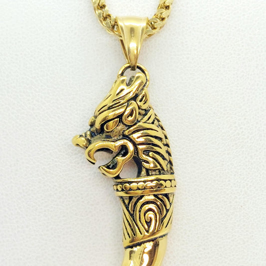 Dragon Tooth Pendant in Stainless Steel Gold Plated Chain Necklace