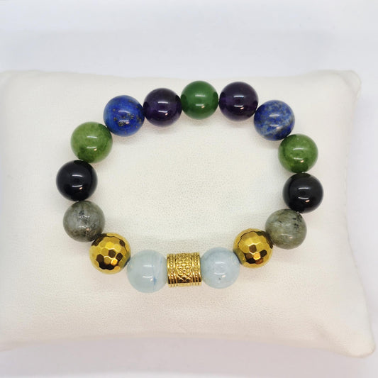 Natural Stone Bracelet with Aquamarine, Hematite, Obsidian, Amethyst, Tourmaline, Lapis and Jade in 12mm Stones with Pixiu Bracelet in 10 & 12 mm Stones