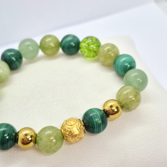 Mixed Green Natural Stone Bracelet with 10mm Stones including Malachite, Peridot, Aventurine