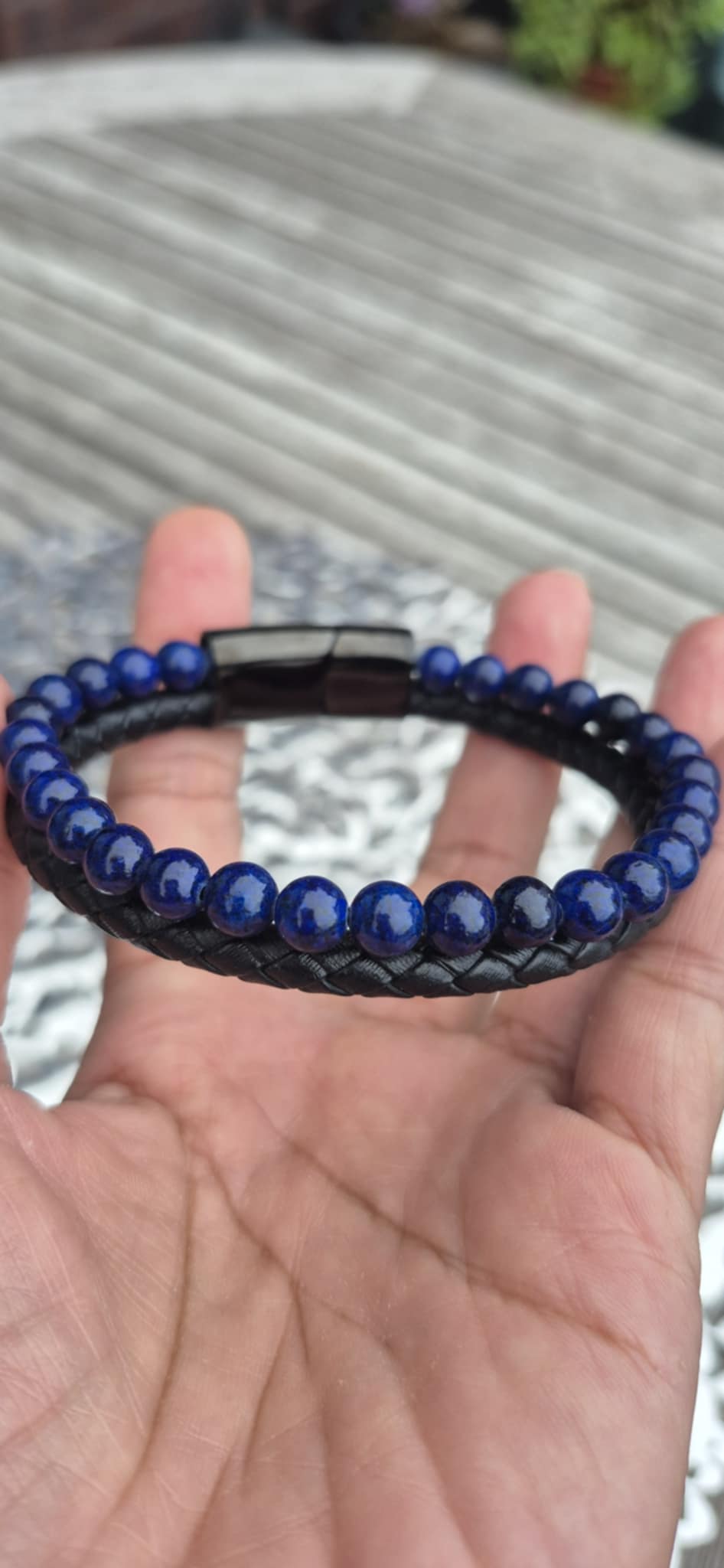 Natural Stone Leather Bracelets for Men with Hematite, Lapis, Turquoise or Tiger Eye