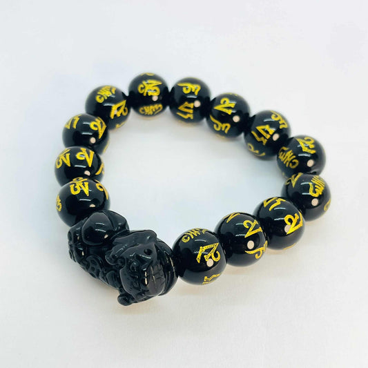 Natural Obsidian Bracelet in 14mm Stones with Obsidian Pixiu