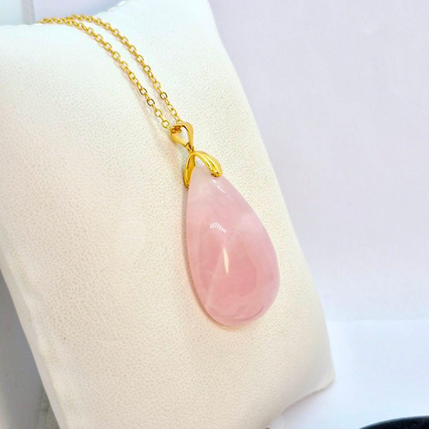 Natural Pink Rose Quartz RainDrop Pendant with Stainless Steel Chain Necklace