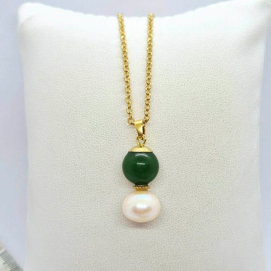 Natural Hetian Jade and 12mm Peach Pearl Pendant in Gold Plated Stainless Steel with Chain Necklace