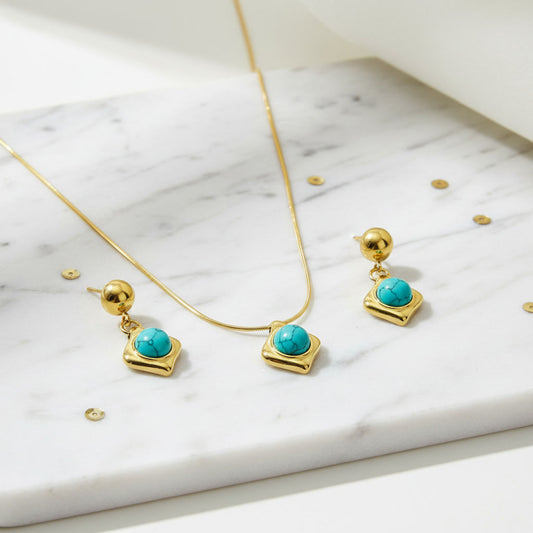 Natural Turquoise Set in Gold Plated Stainless Steel with Chain Necklace