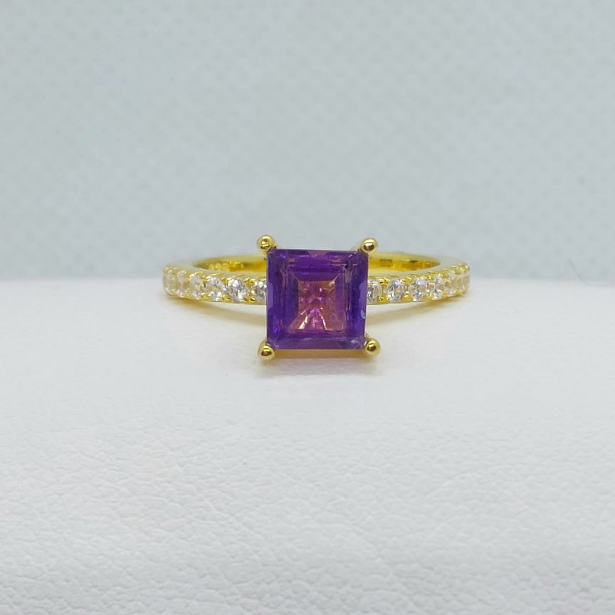Natural Amethyst Ring - Princess cut 1.1ct - Gold Plated Sterling Silver