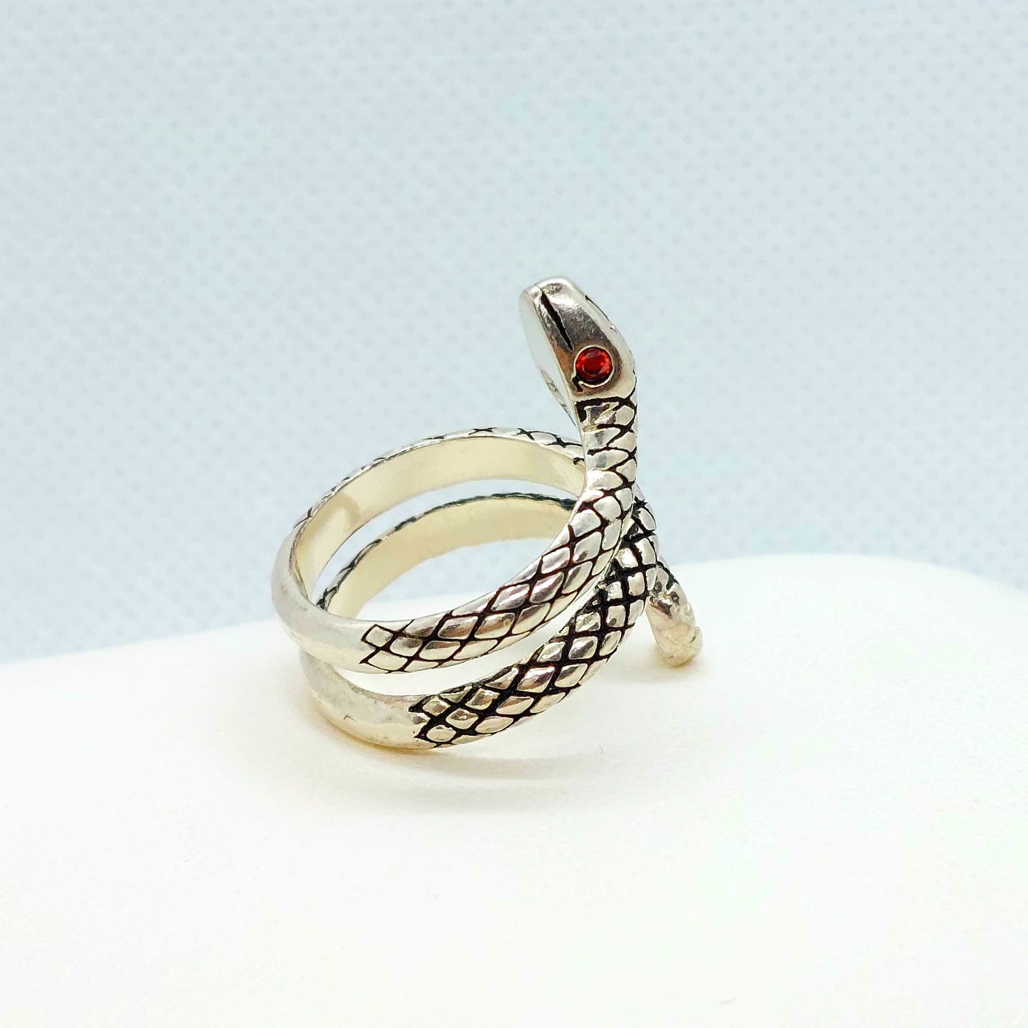 Snake with Ruby Eyes Ring - Vintage Sterling Silver - Resizeable