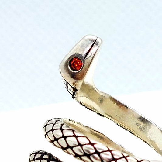 Snake with Ruby Eyes Ring - Vintage Sterling Silver - Resizeable