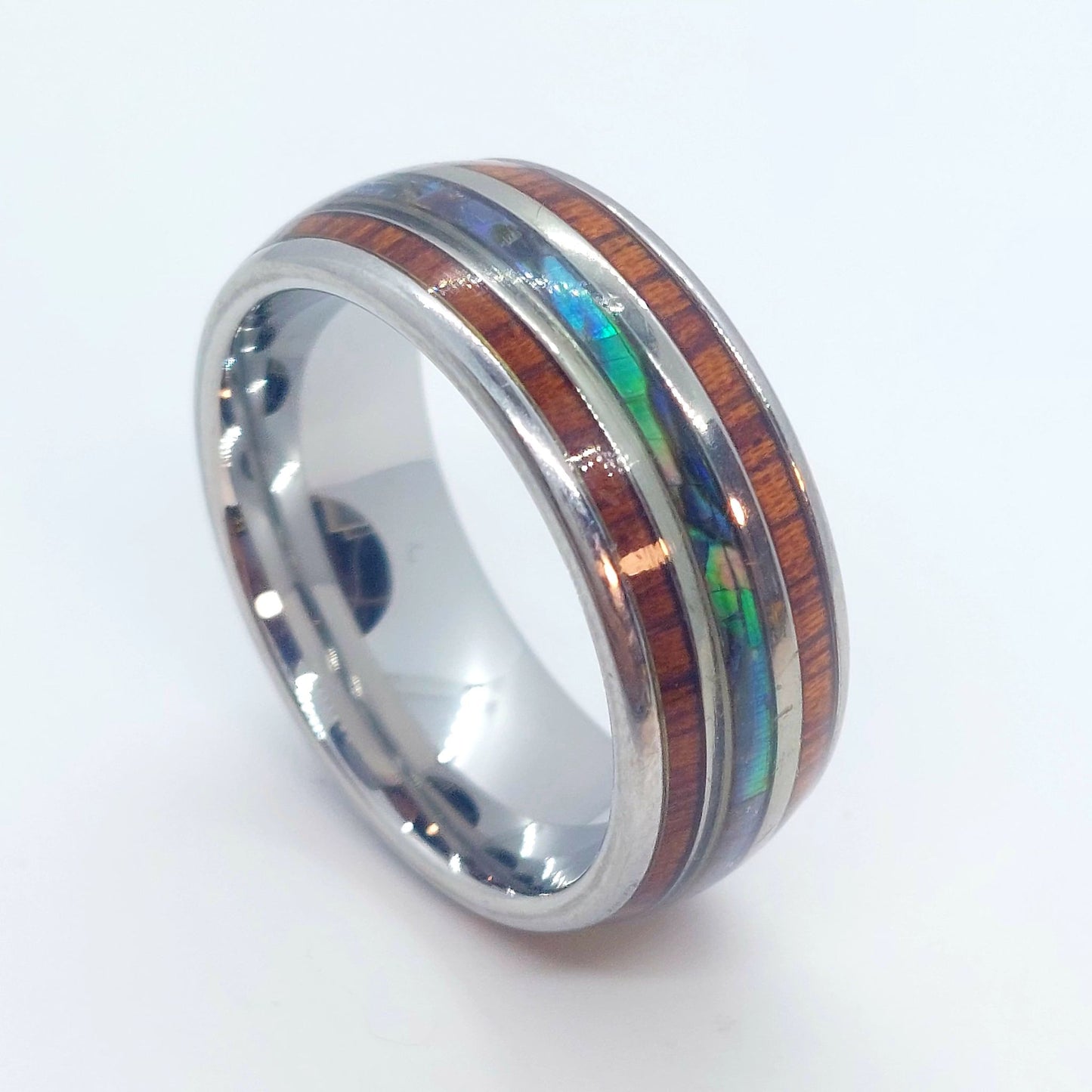 Wood Grain & Abalone Shell Tungsten Carbide Ring