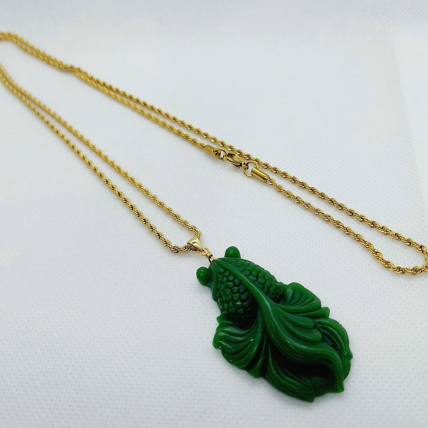 Natural Hetian Green Jade Fish Pendant - Stainless Steel Necklace