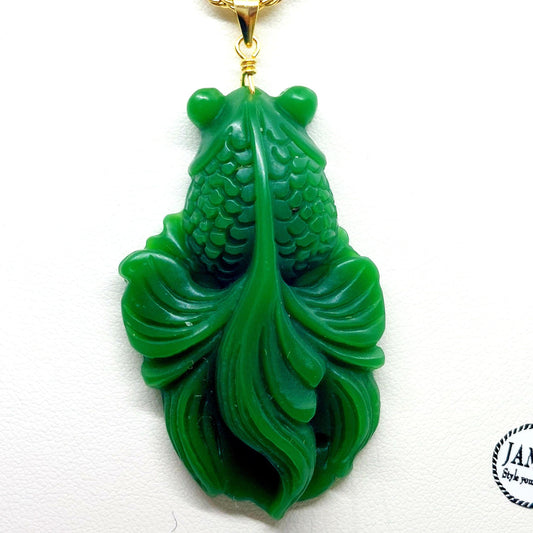 Natural Hetian Green Jade Fish Pendant - Stainless Steel Necklace