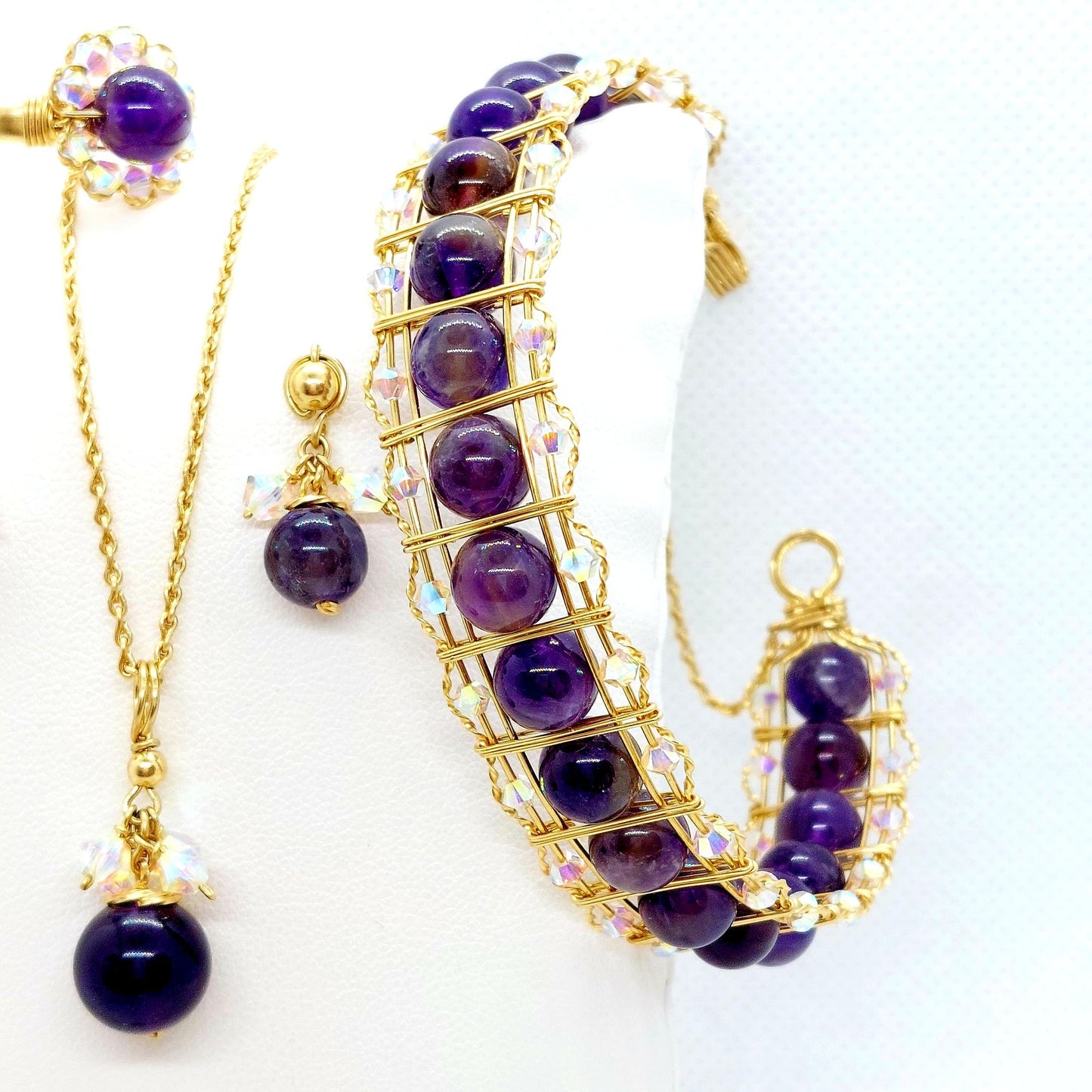 Natural Amethyst & Swarovski Crystals Jewelry Set - 10K Gold