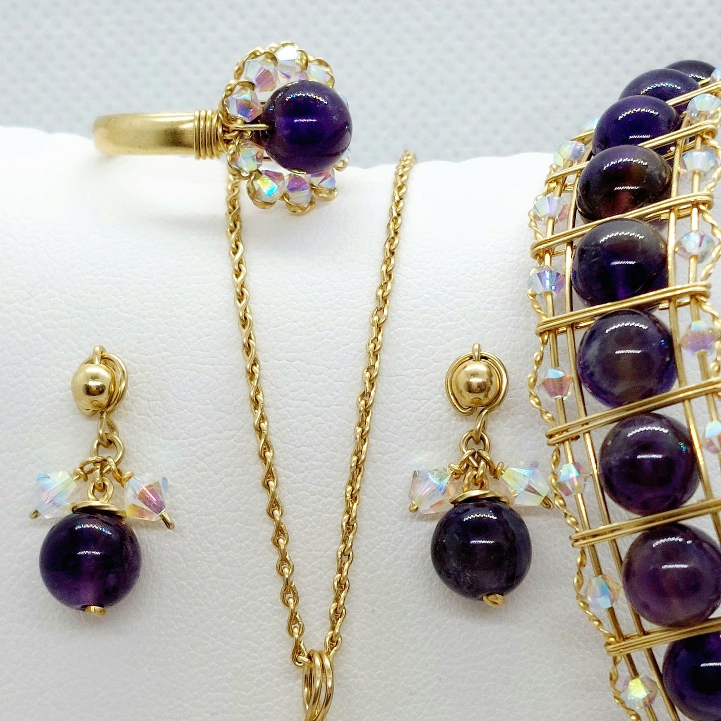 Natural Amethyst & Swarovski Crystals Jewelry Set - 10K Gold