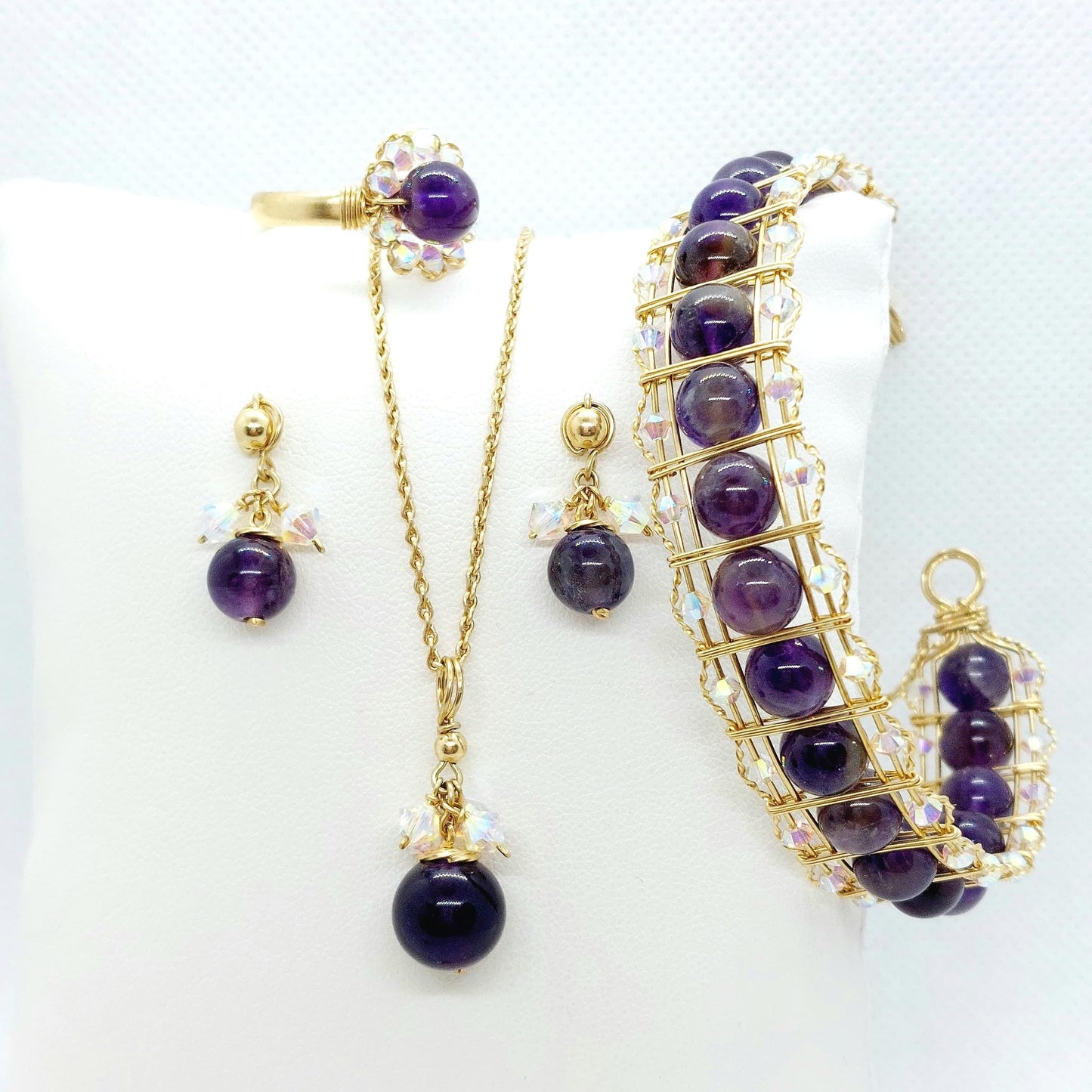 Natural Amethyst & Swarovski Crystals Jewelry Set - 10K Gold