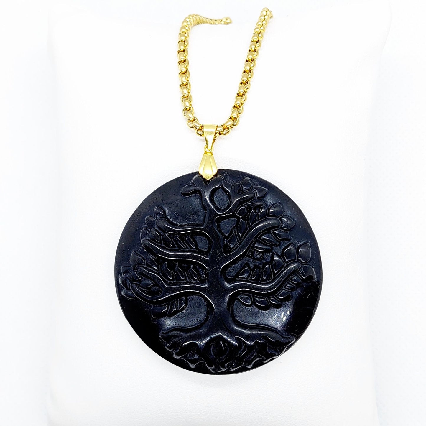 Natural Obsidian Tree of Life Pendant - Stainless Steel Chain Necklace