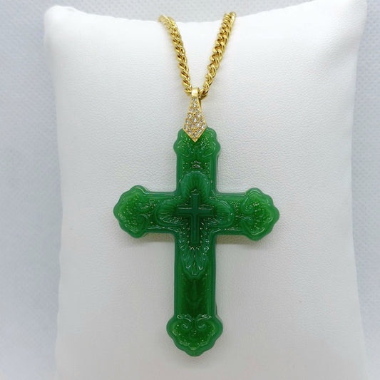 Natural Chinese Translucent Jade Cross Pendant with Gold Plated Stainless Steel Chain Necklace