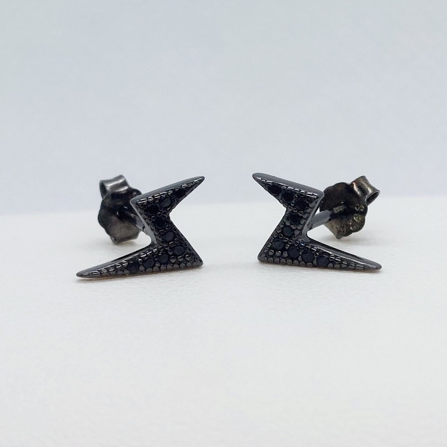 Black Lightning Bolt Stud Earrings - Sterling Silver
