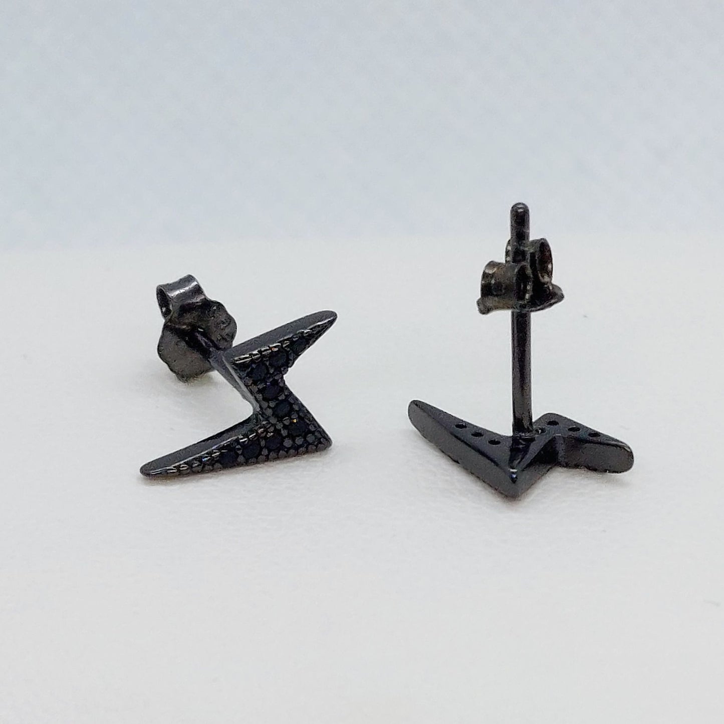 Black Lightning Bolt Stud Earrings - Sterling Silver
