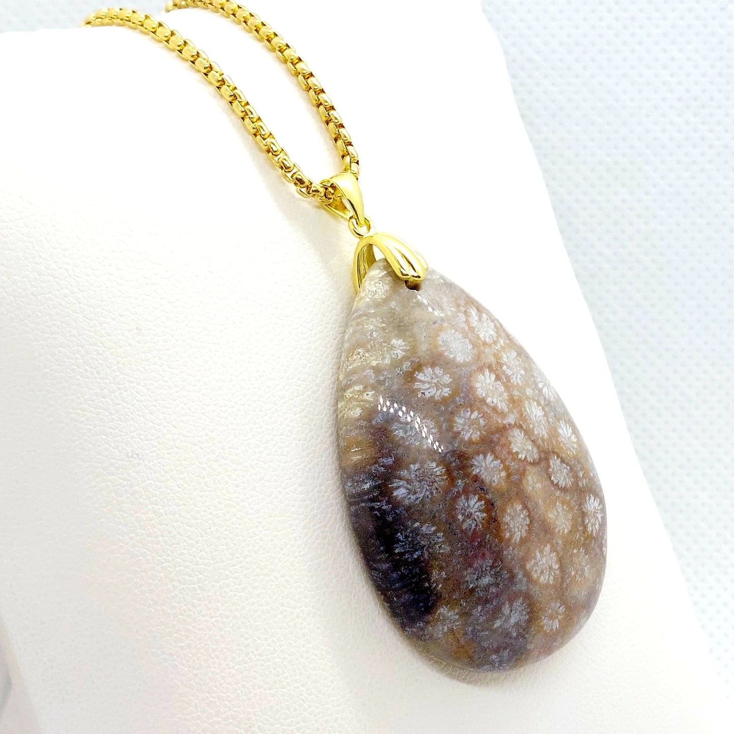 Natural White Chrysantemum Stone Pendant - Stainless Steel Chain Necklace
