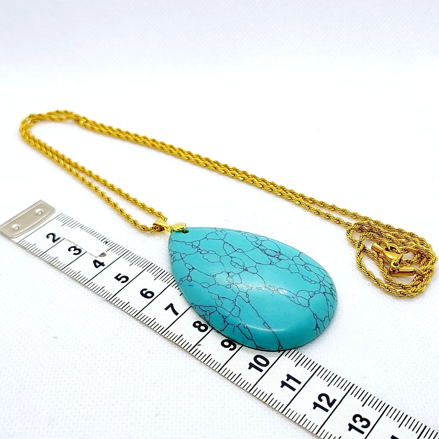 Natural Turquoise Teardrop Pendant - Stainless Steel Gold Plated Necklace Chain