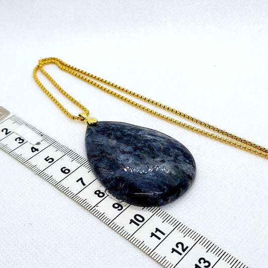 Natural Labradorite Raindrop Pendant with Stainless Steel Gold Plated Chain Necklace
