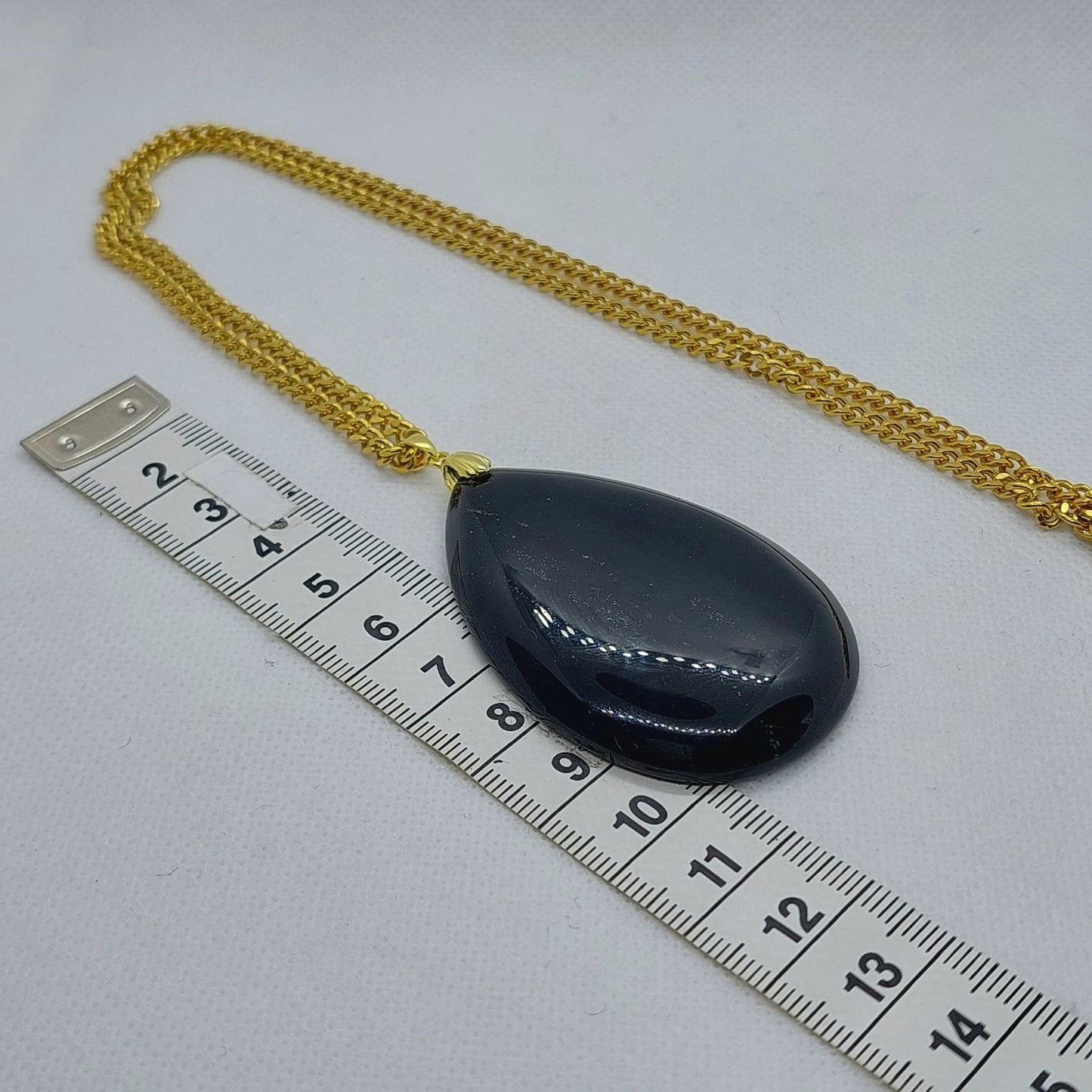 Natural Black Onyx Raindrop Pendant with Stainless Steel Gold Plated Necklace Chain