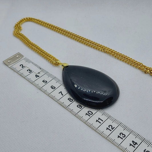 Natural Black Onyx Raindrop Pendant with Stainless Steel Gold Plated Necklace Chain