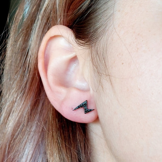 Black Lightning Bolt Stud Earrings - Sterling Silver