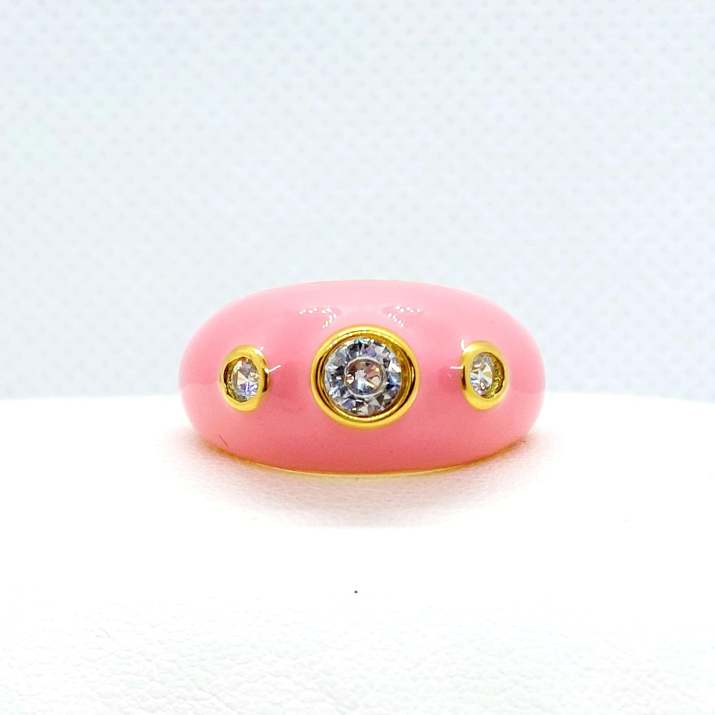 Zircon in Pink Enamel Ring - Stainless Steel Gold Plated