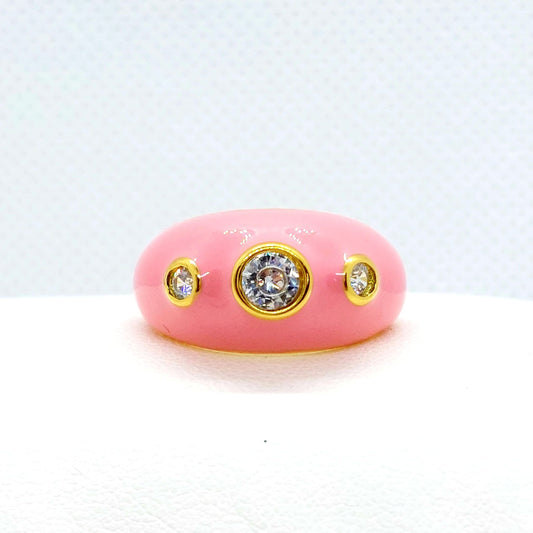 Zircon in Pink Enamel Ring - Stainless Steel Gold Plated