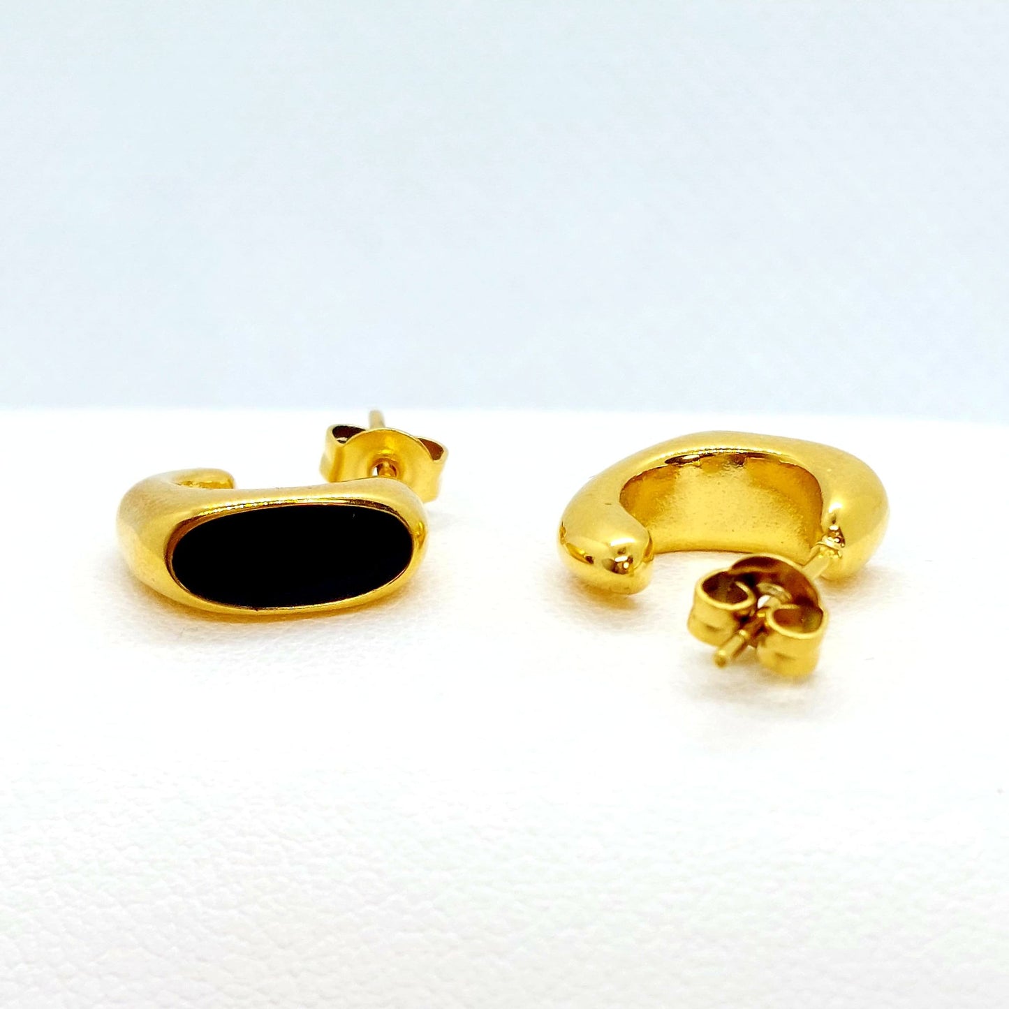 Black Enamel Stainless Steel Stud Earrings - Gold Plated