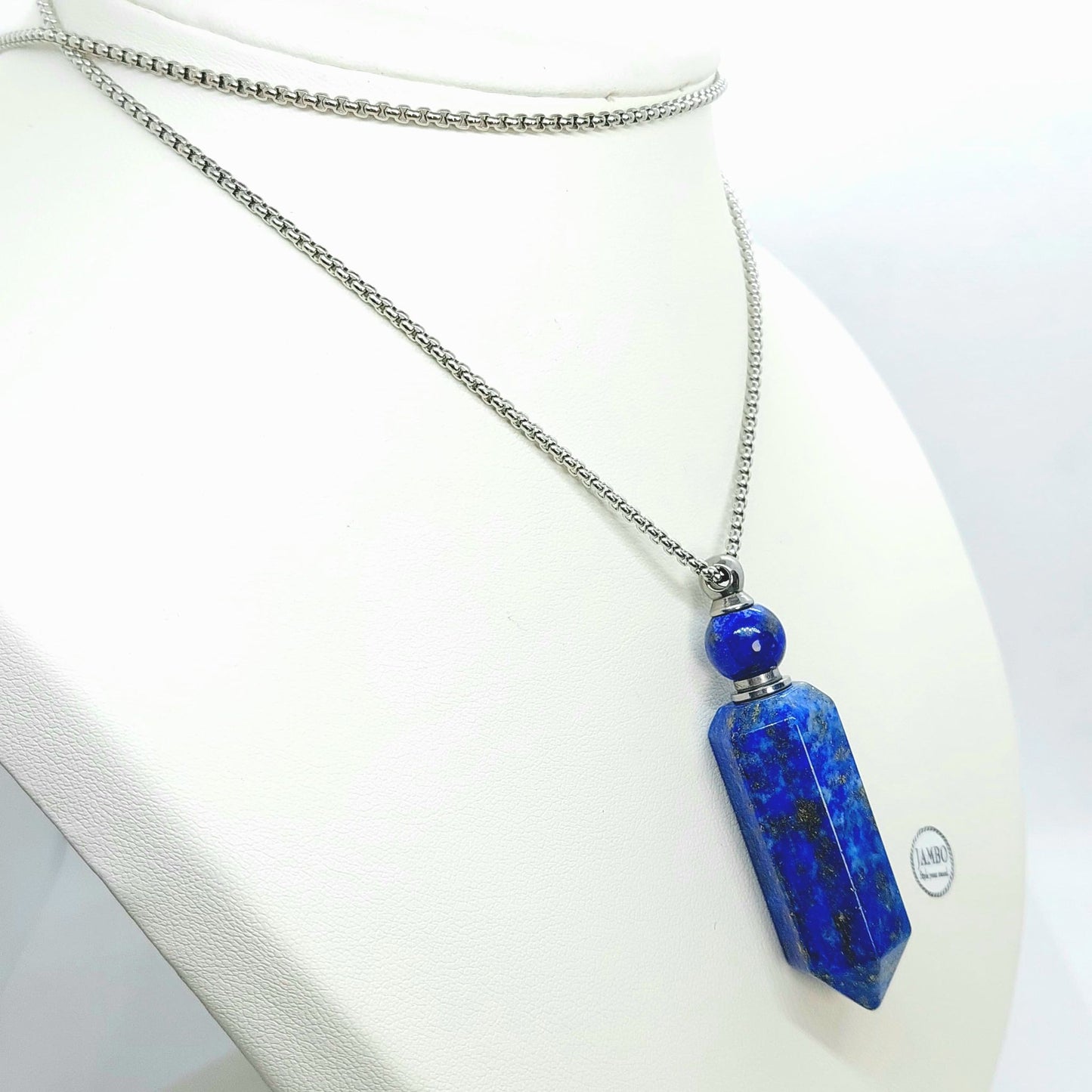 Natural Lapis Lazuli Perfume Bottle Pendant - Stainless Steel Chain Necklace