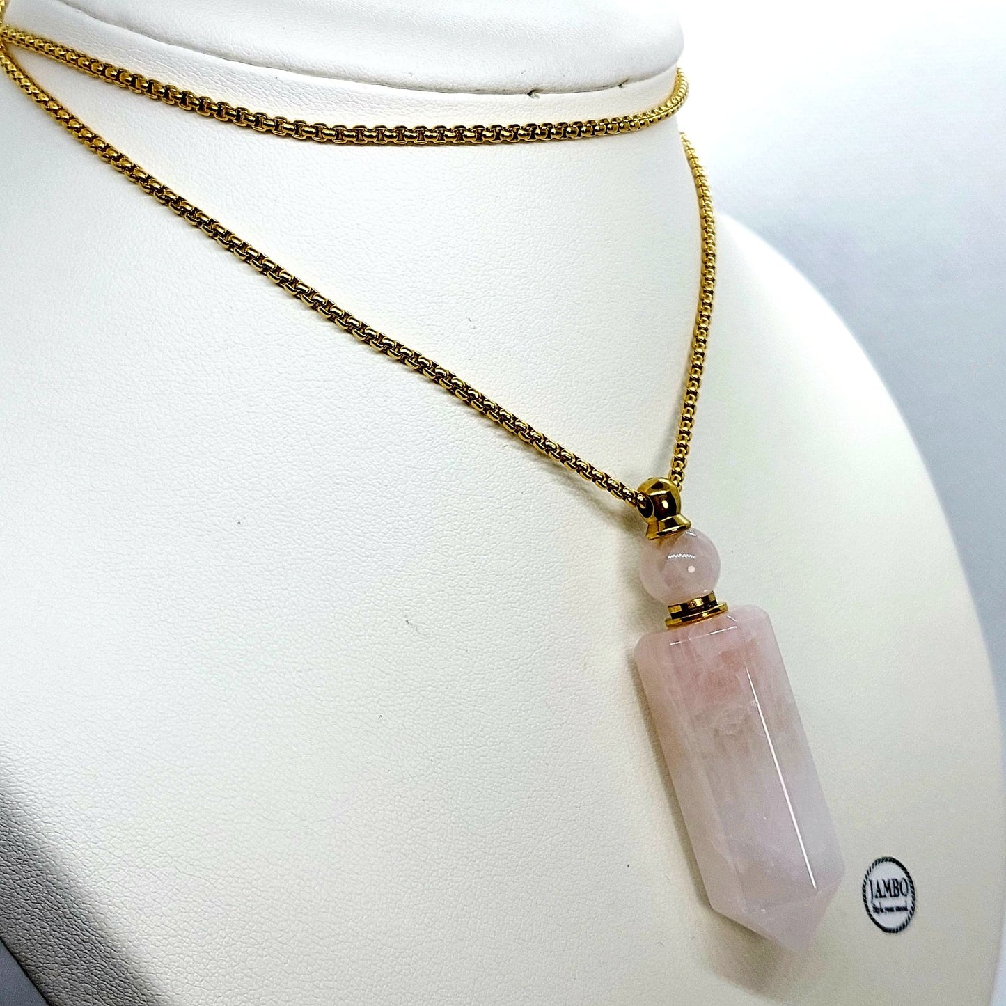 Natural Rose Quartz Perfume Bottle Pendant - Stainless Steel Chain Necklace