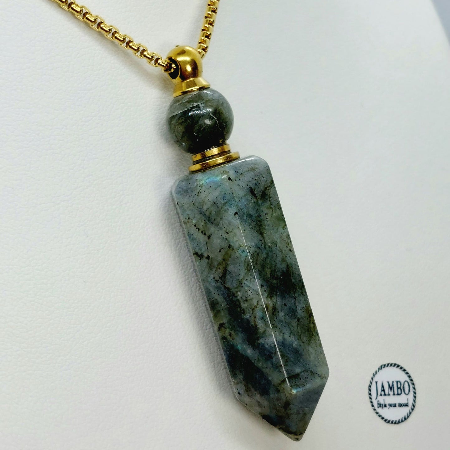 Natural Lapis Lazuli Perfume Bottle Pendant - Stainless Steel Chain Necklace