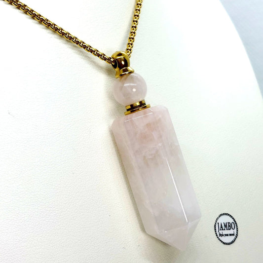 Natural Rose Quartz Perfume Bottle Pendant - Stainless Steel Chain Necklace