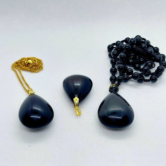 Natural Obsidian Raindrop Pendant with Stainless Steel Gold Plated Chain Necklace