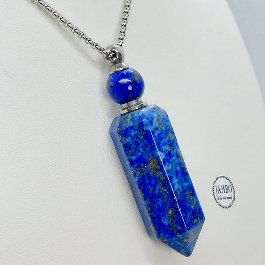 Natural Lapis Lazuli Perfume Bottle Pendant - Stainless Steel Chain Necklace
