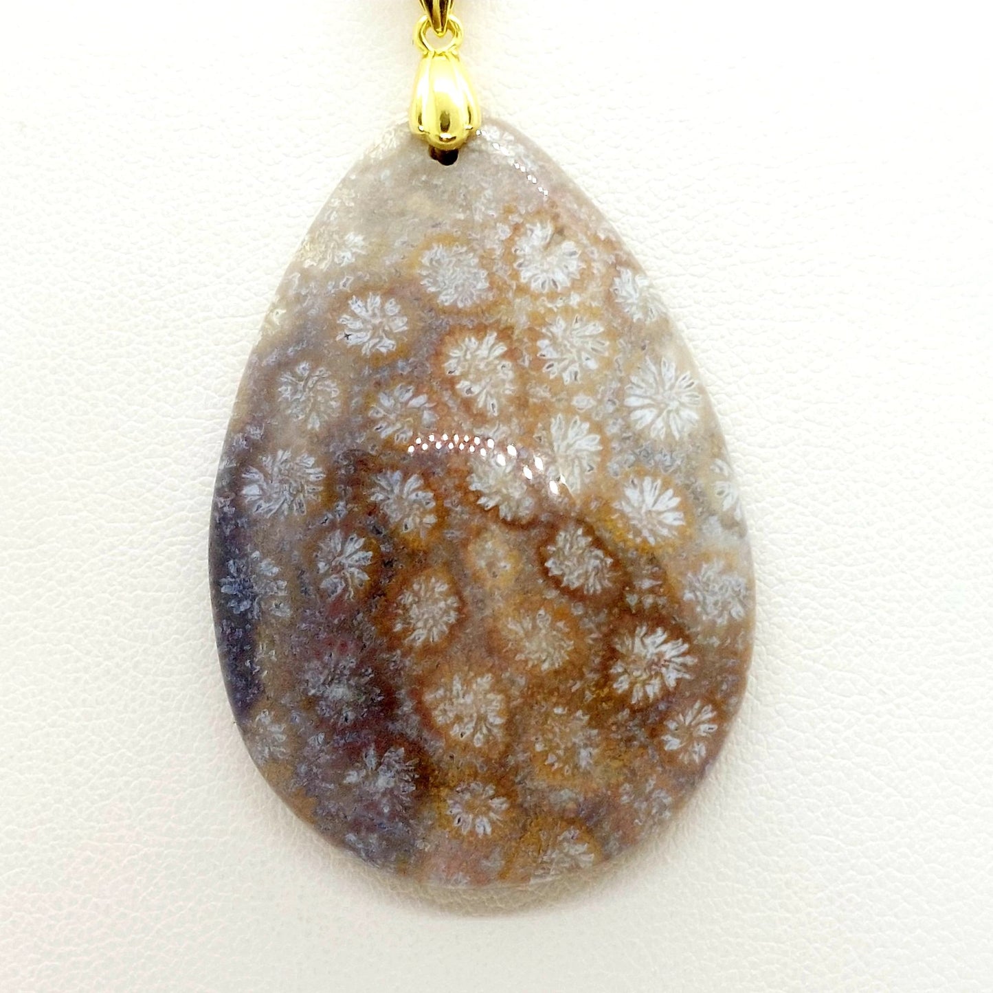 Natural White Chrysantemum Stone Pendant - Stainless Steel Chain Necklace