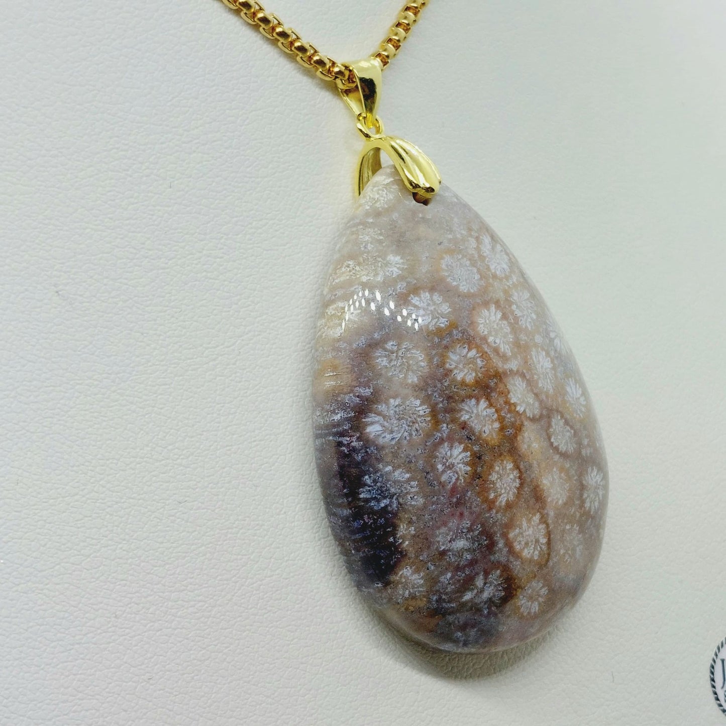 Natural White Chrysantemum Stone Pendant - Stainless Steel Chain Necklace