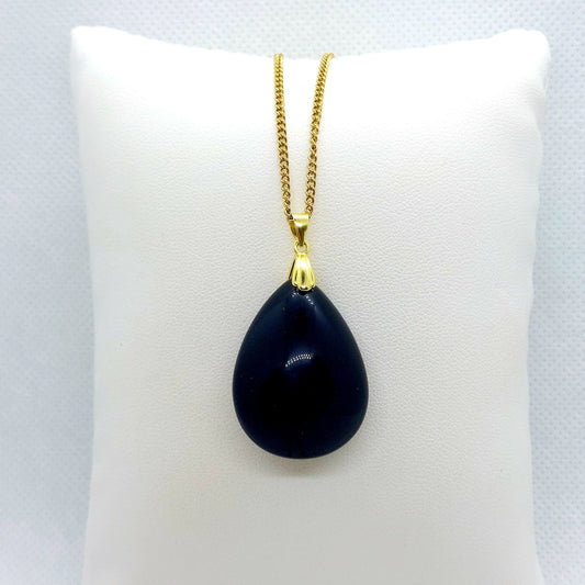 Natural Obsidian Raindrop Pendant with Stainless Steel Gold Plated Chain Necklace
