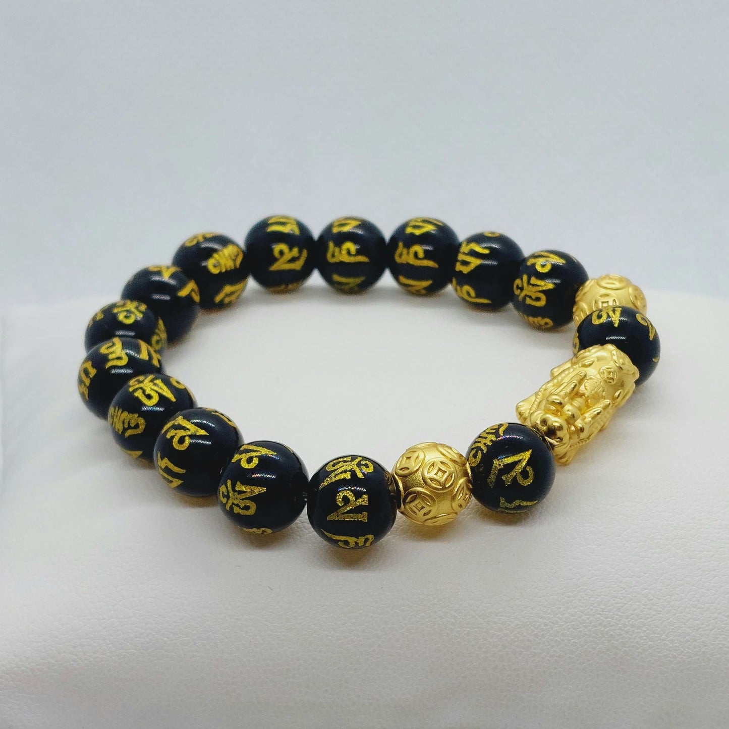 Natural Black Obsidian Feng Shui Bracelet with Silver Pixiu Gold Plated in 10mm & 12mm Stones