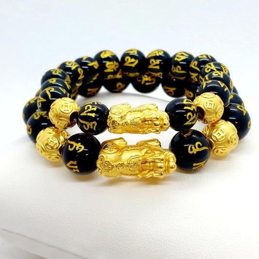 Natural Black Obsidian Feng Shui Bracelet with Silver Pixiu Gold Plated in 10mm & 12mm Stones