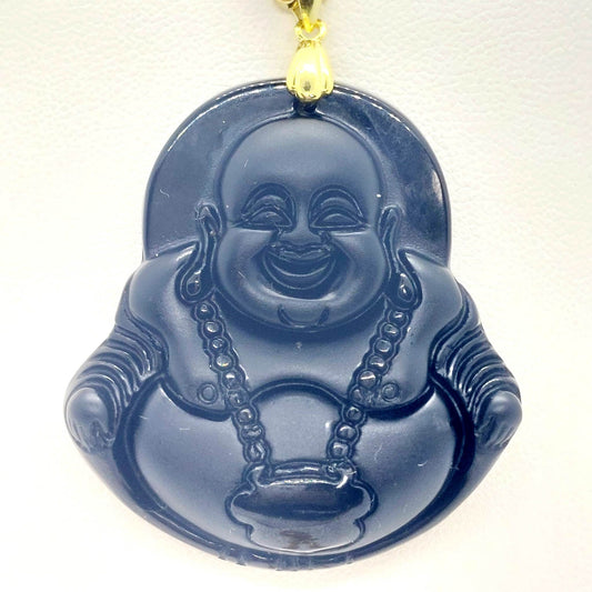Natural Obsidian Laughing Buddha Pendant - Stainless Steel Gold Plated Chain Necklace