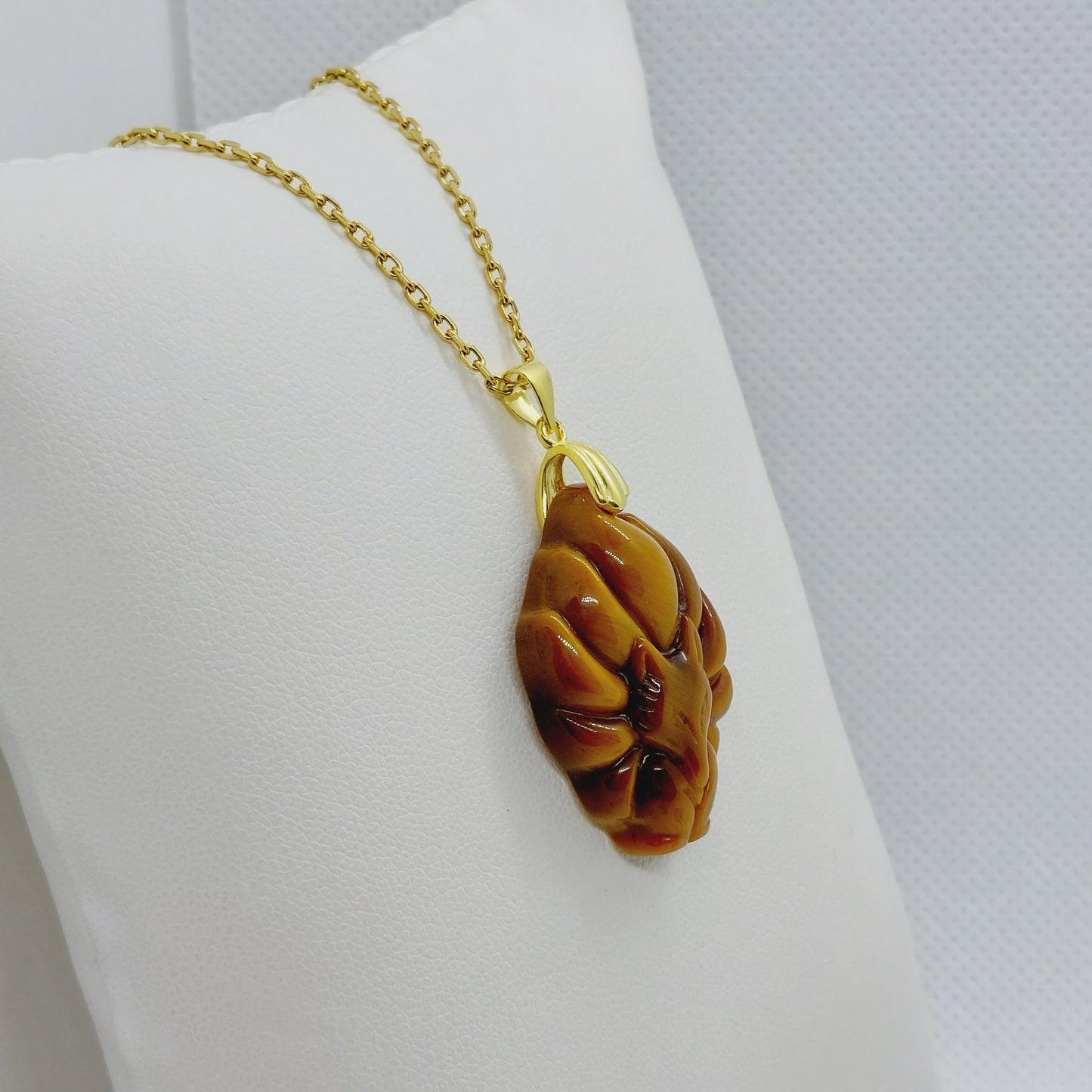 Natural Tiger Eye Nine Tailed Fox Pendant - Stainless Steel Chain Gold Plated