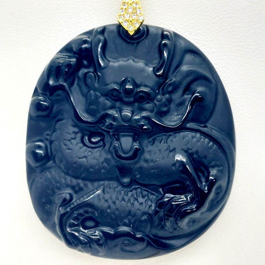 Natural Obsidian Dragon Pendant - Stainless Steel Gold Plated Chain Necklace