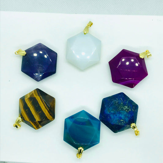Natural Lapis Hexagon Pendant - Stainless Steel Gold Plated Chain Necklace